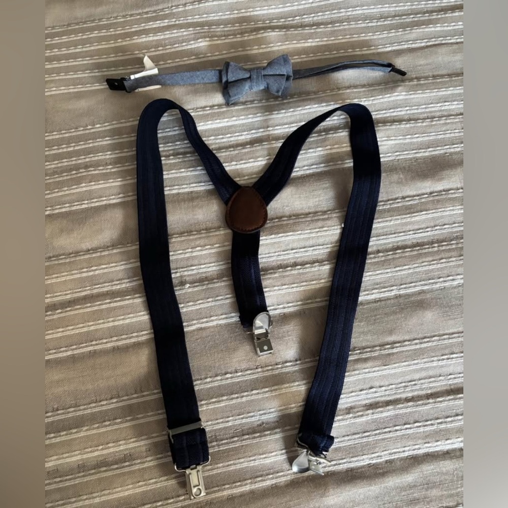 Kids Navy Blue Suspenders and light blue/gray bow tie